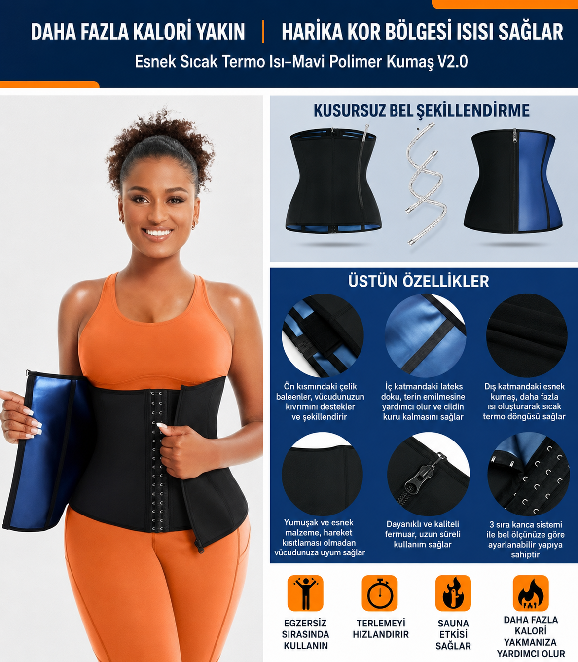 Termal Bel Korsesi – Agraflı, Terletici & Sıkılaştırıcı Fitness Kemeri